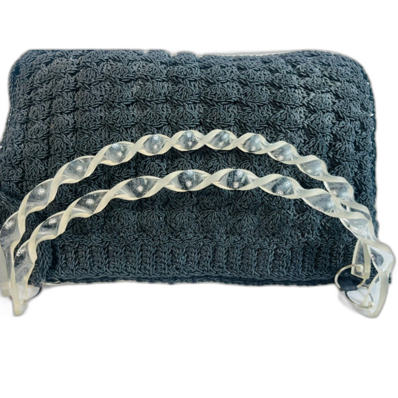 Vintage Mid Century Crochet Black Handbag Tote Satchel Lucite Handles EUC - Picture 2 of 10